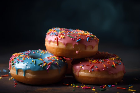 Donuts with icing and sprinkles on wooden table. Selective focusの素材