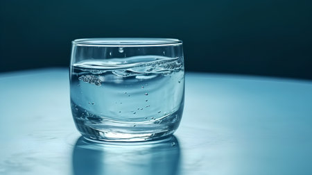Glass of water with bubbles on a blue background. Shallow DOFの素材