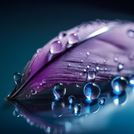 Beautiful color feather and water drops on dark background, closeupの素材