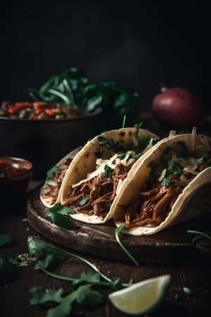 Traditional mexican tacos with beef, cilantro and salsa. Dark background.の素材