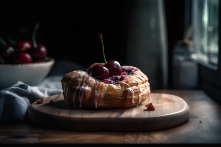 Cherry pie on a wooden table. Dark background. Selective focus.の素材