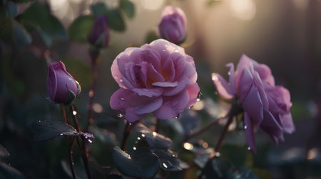 Beautiful pink rose with dew drops in the morning light.の素材