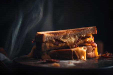Sandwich with cheese and bacon on a dark background. Selective focus.の素材