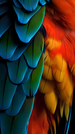 Colorful feathers of a macaw as a background. Close-upの素材