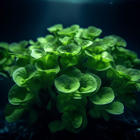 Close-up of fresh green lettuce seedlings growing in water. Microgreen conceptの素材