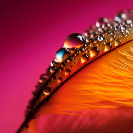 Beautiful macro close up of water drops on a colorful feather.の素材