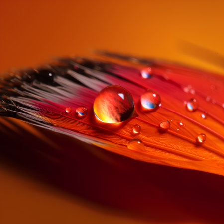 Water drops on a red flower petal with orange background. Macroの素材