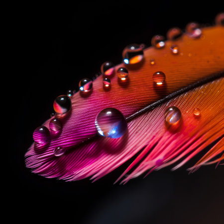 Beautiful color feather with water drops isolated on black background. macroの素材