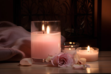 Burning candles with rose on wooden table in dark room, closeupの素材