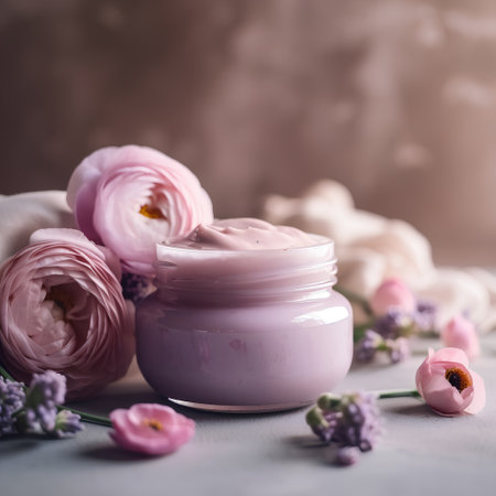 cosmetic cream in a glass jar with flowers on a light backgroundの素材