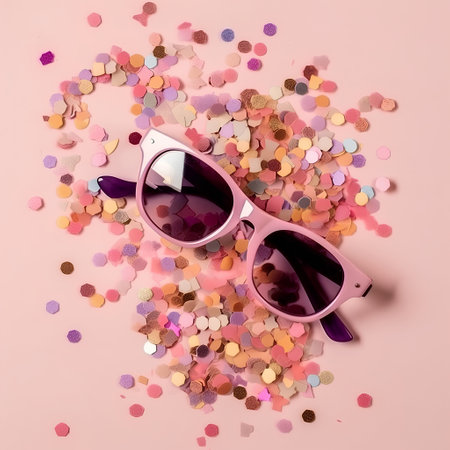 Purple sunglasses and confetti on pink background. Flat lay.の素材