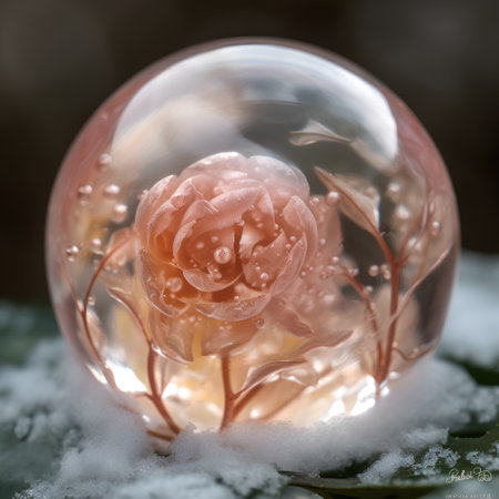 Crystal ball with a rose in the snow on a dark background.の素材