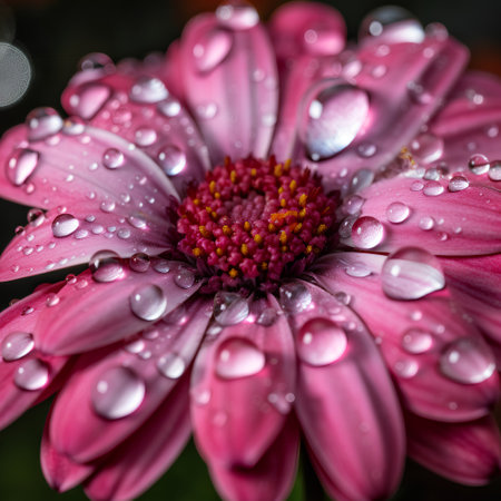 Beautiful pink daisy with water drops on petals close-upの素材