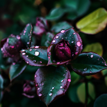 Water droplets on the green leaves of a rose. Selective focus.の素材