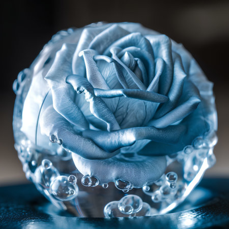 Blue rose in a glass vase on a dark background close upの素材