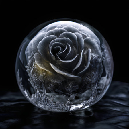 crystal ball with a rose on a black background, close-upの素材
