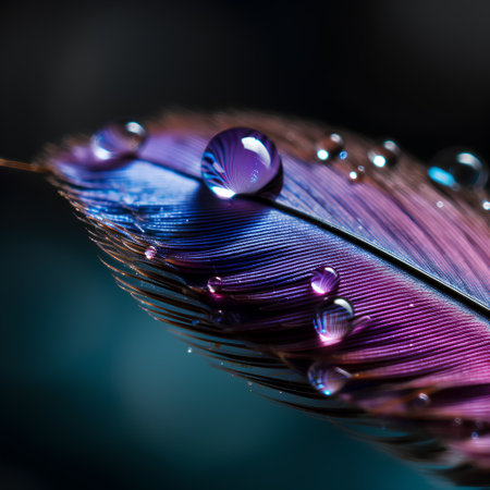 Macro close up of water droplets on a purple feather.の素材