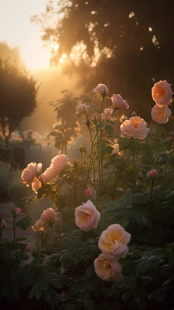 Beautiful roses in the garden at sunset. Nature background. Selective focus.の素材