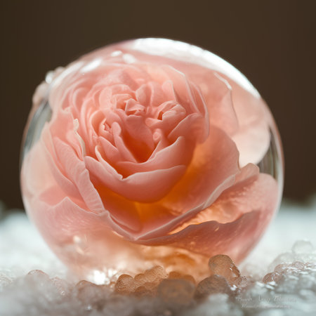Pink rose in crystal ball on white snow. Close-up.の素材