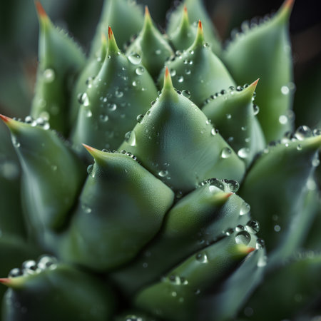 Close up of aloe vera plant with water droplets.の素材