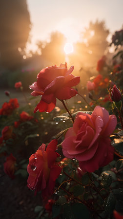 Beautiful roses in the garden at sunrise. Natural floral background.の素材