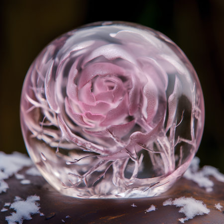 Beautiful pink rose in a crystal ball on the background of snowの素材