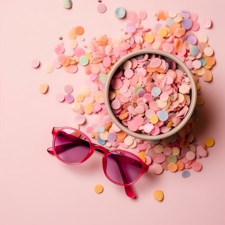 Colorful confetti and sunglasses on pink background. Flat lay.の素材