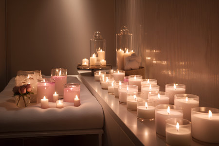 Burning candles in a spa salon. Concept of relaxation and health.の素材