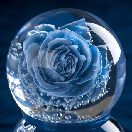 crystal ball with blue rose on dark blue background, closeupの素材
