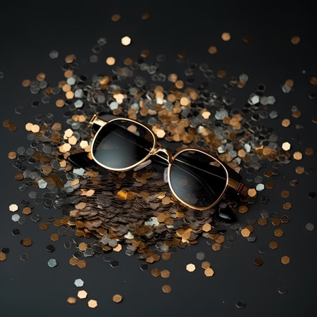 Sunglasses on a black background with gold sequins and confettiの素材