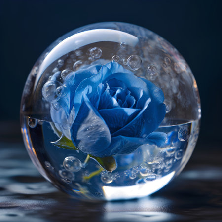 Blue rose in a crystal ball with water drops on blue background.の素材