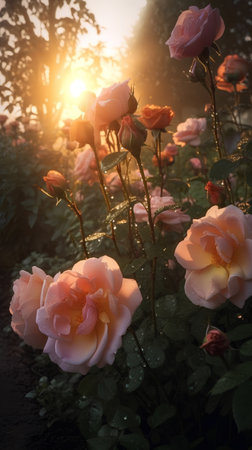 Beautiful roses in the garden at sunrise. Nature background. Selective focus.の素材