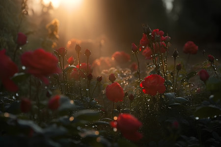 Red roses in the garden at sunrise. Beautiful nature scene. Soft focus.の素材