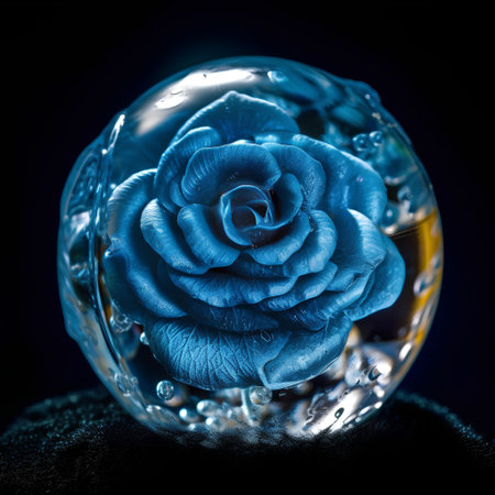 Blue rose in a glass vase with water drops on black backgroundの素材