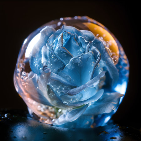 Blue rose in a crystal ball with water drops on a black backgroundの素材