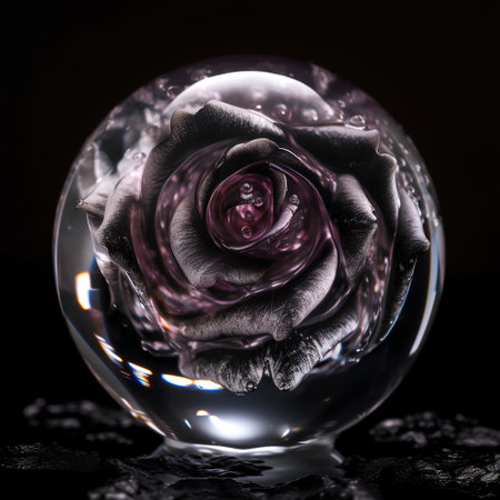 Black rose in a crystal ball on a black background. Close up.の素材