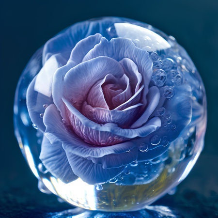 Blue rose in a crystal ball with water drops on a blue backgroundの素材