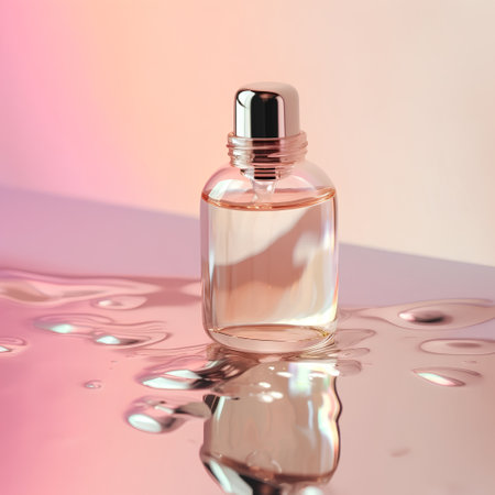 Perfume bottle on pink background with water drops. 3d renderの素材
