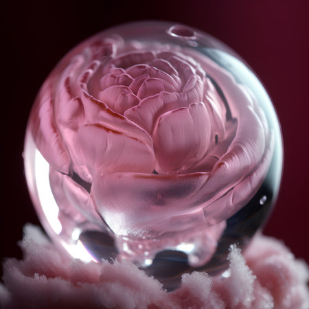 Crystal ball with pink rose on a red background. Close-up.の素材