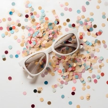 Stylish sunglasses and confetti on white background. Flat lay.の素材