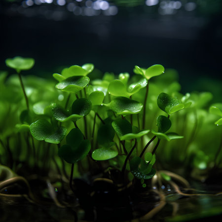 Green seedlings growing in a pot on a dark background. Macroの素材