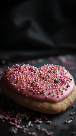 Pink heart-shaped cookie with sprinkles on a black background.の素材