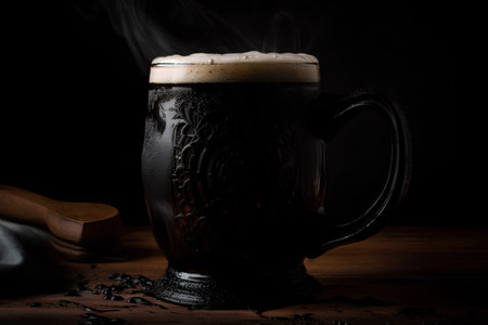 Mug of dark beer with foam on wooden table, selective focusの素材