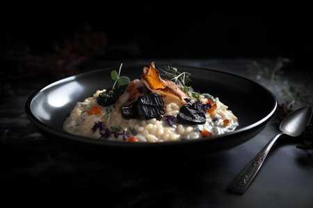 Delicious risotto with black truffles on a dark backgroundの素材
