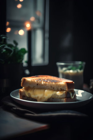 Sandwich with cheese and mayonnaise on a dark background.の素材