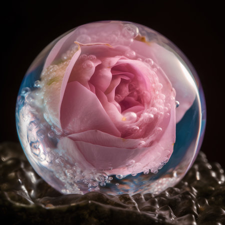 crystal ball with pink rose on a black background with water dropsの素材
