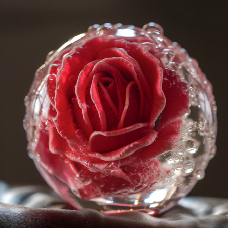 Red rose in a glass vase with water drops on a dark backgroundの素材