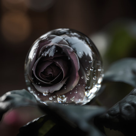 Close-up of a rose in a glass ball with water dropsの素材