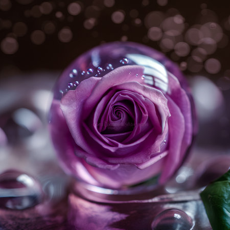 Purple rose in a glass vase with drops of water.の素材