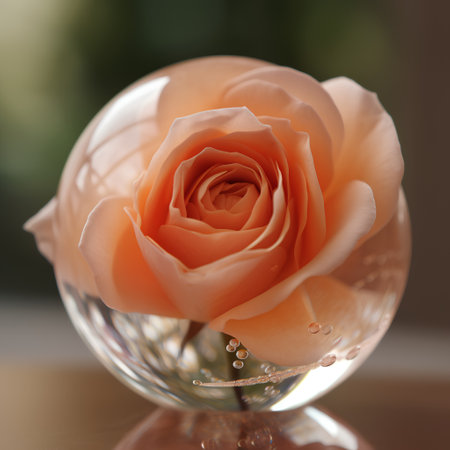 Beautiful orange rose in a glass vase on a wooden tableの素材